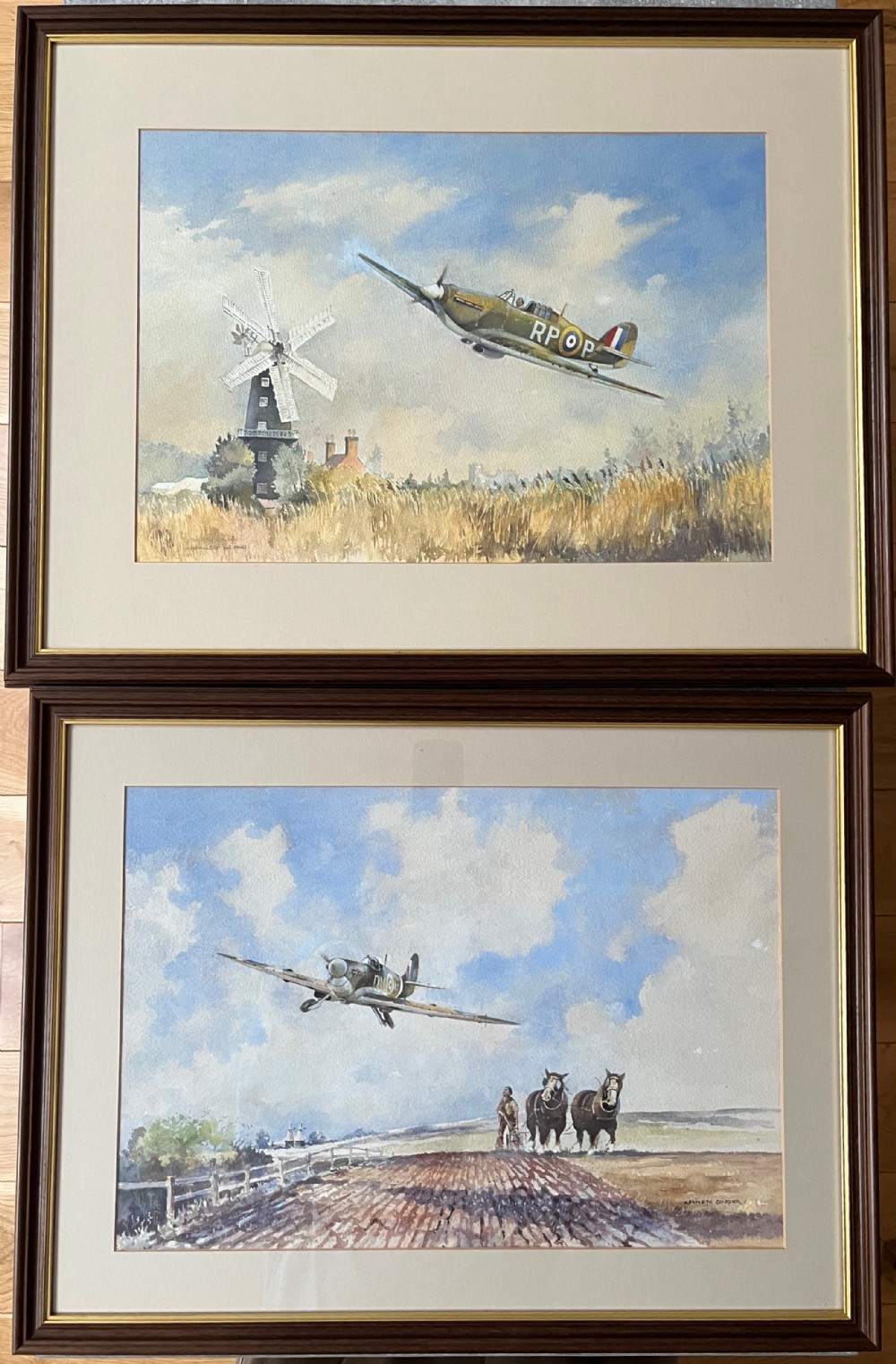pair of watercolours of a hurricane and a spitfire