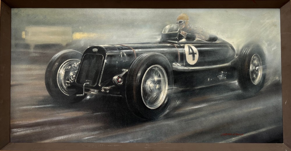 oil on board of a delage grand prix racing car by lionel rouse